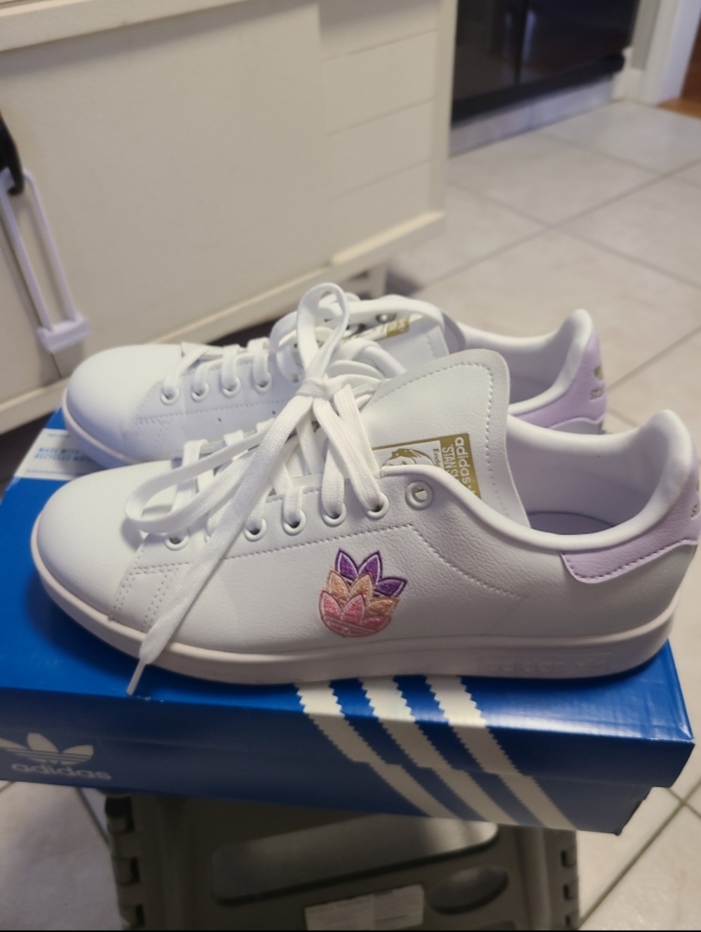 adidas White Sneakers with Lilac and Pink Floral Logo - Women's